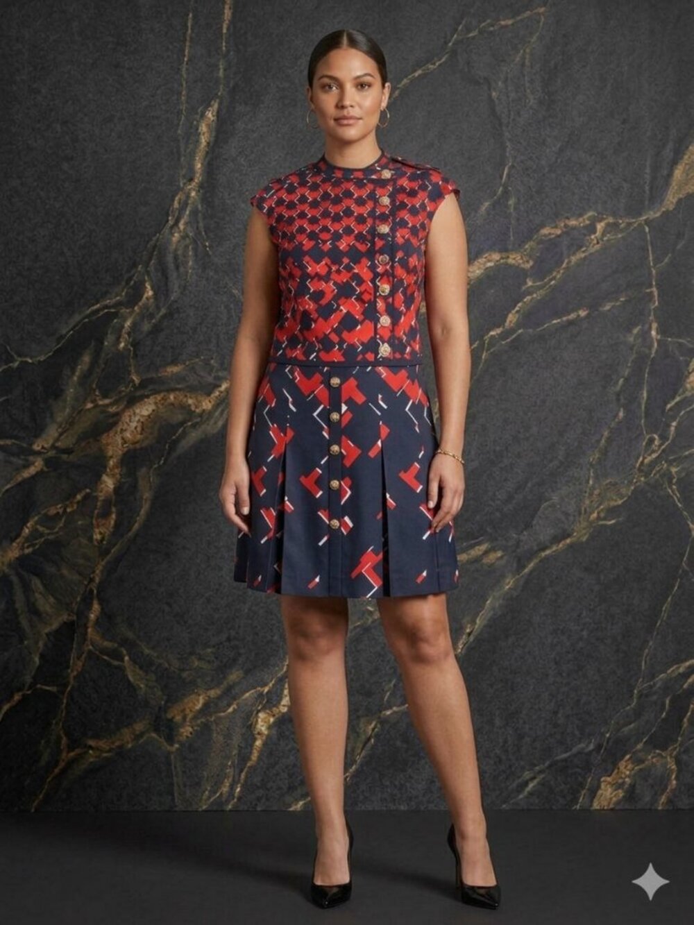 Tory Burch 100% Silk Pleated Geometric Tile Dress Red Navy Cap Sleeve Size 12